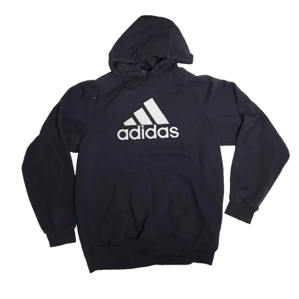 ADIDAS Y2K black hooded badge of sport logo spellout hoodie sweatshirt unisex L‎